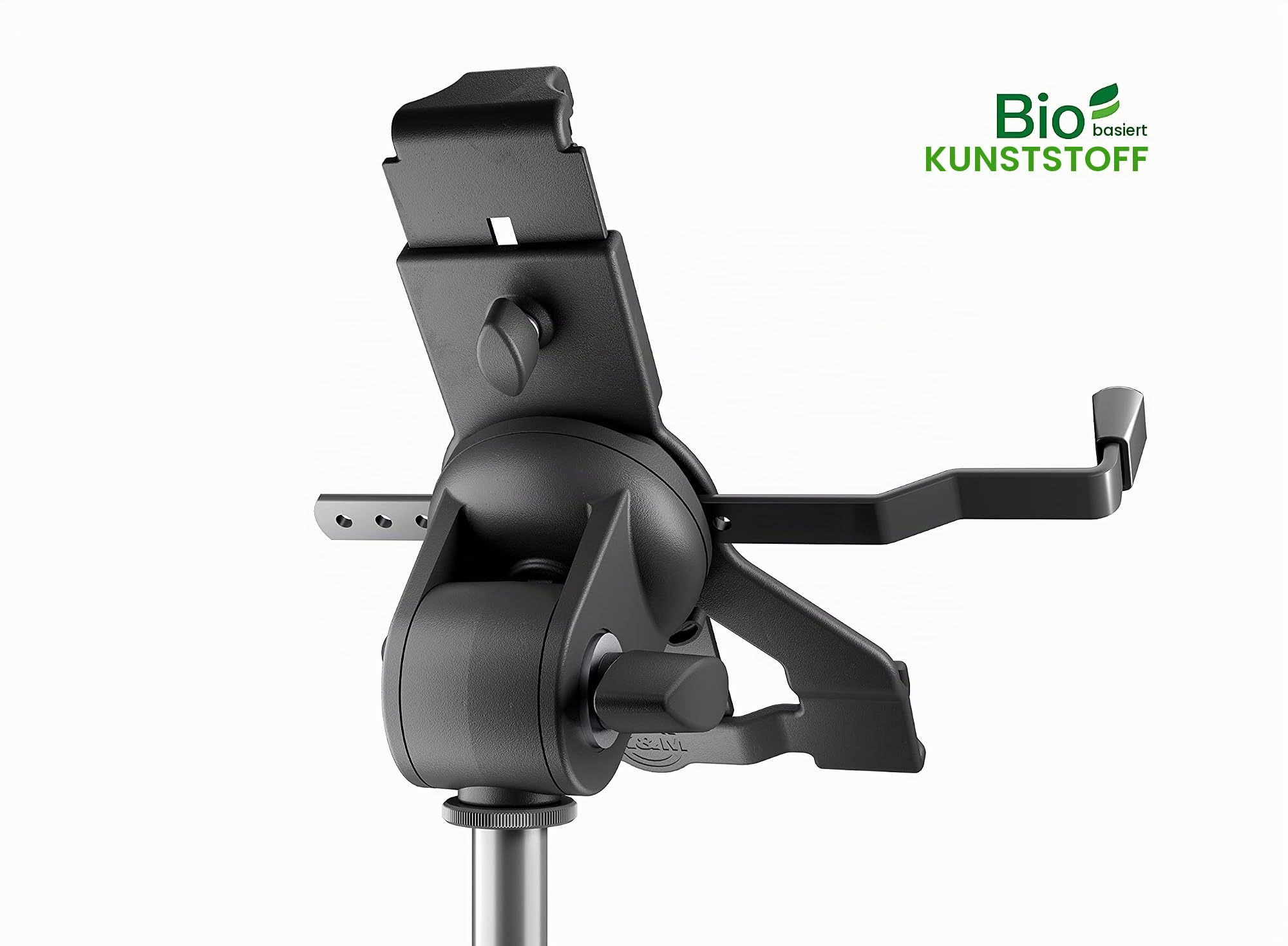 K&M 19744 Tablet-PC-Stativhalter Schwarz, Biobased Kunststoff - Tablet-Halterung für Stative mit 3/8“ bzw. 5/8“ Gewinde