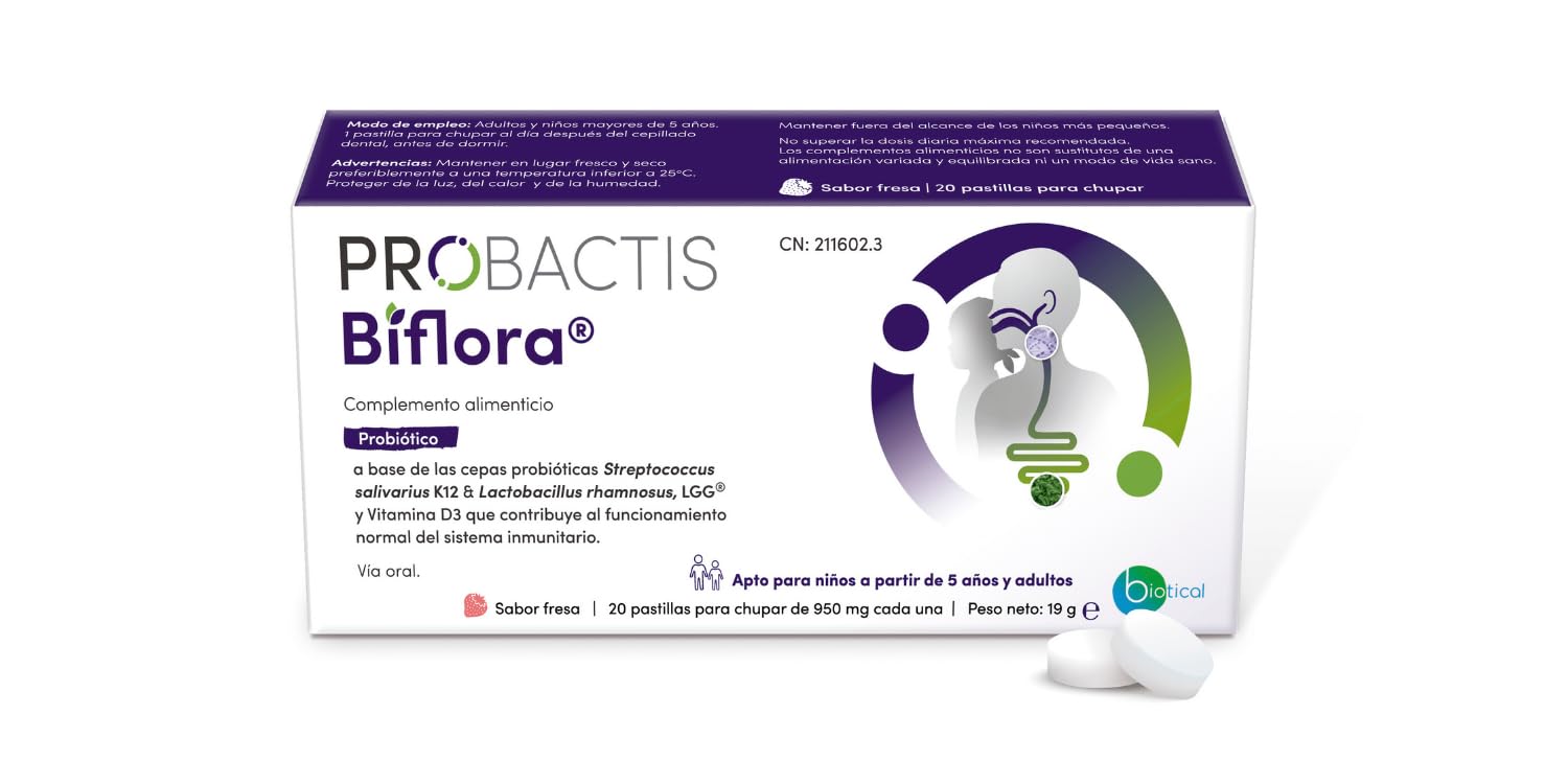 Probiótico Probactis Biflora® - Restaura la Microbiota Oral e Intestinal en Niños y Adultos - 20 Pastillas para Chupar - Complemento Probiótico con Vitamina D, Sin Gluten - Sabor Fresa