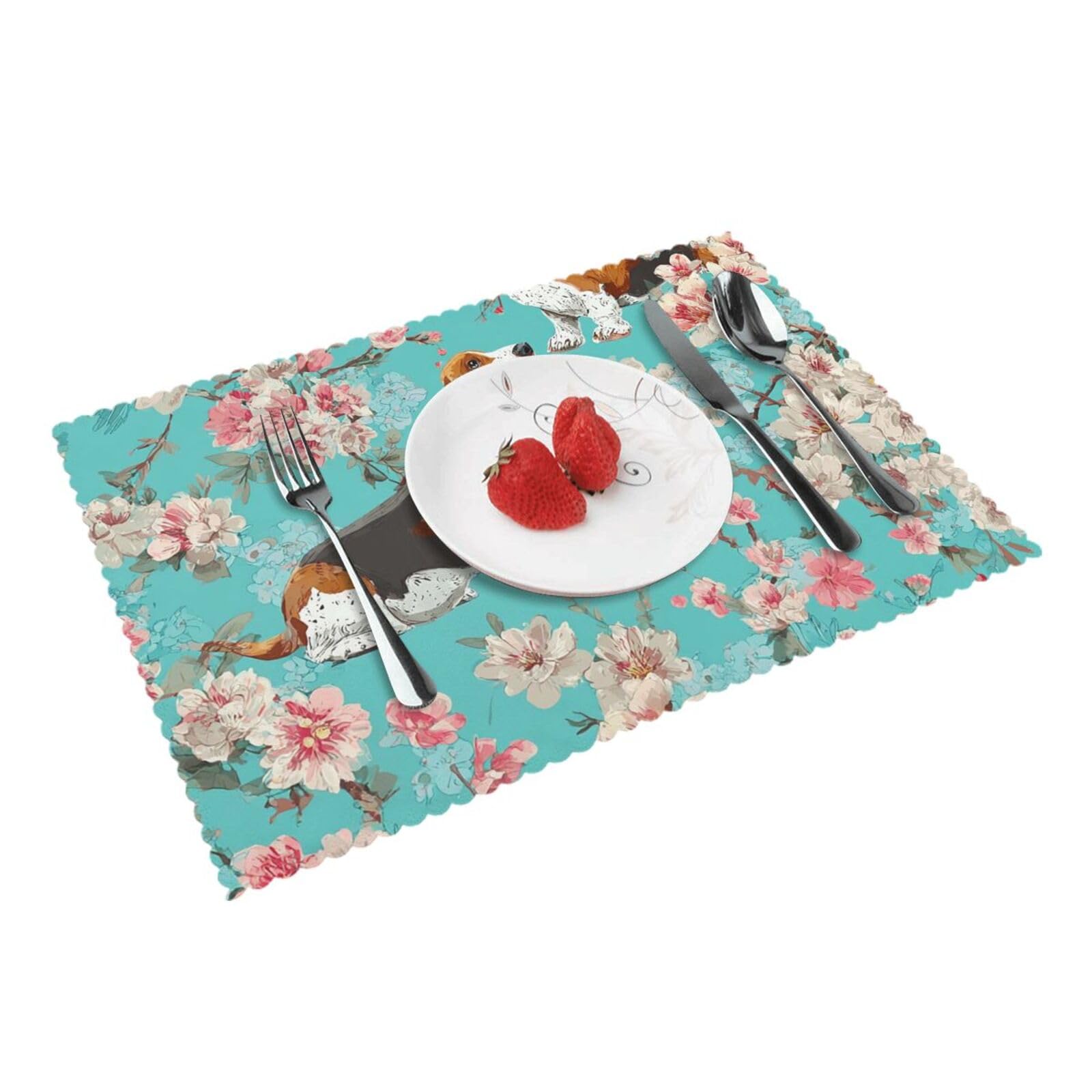 Placemats Set of 4 Heat Resistant Non-Slip Place Mats for Dining Table Sweet Basset Hound Florals Placemats Washable Woven Table Mats Wipeable Placemat for Kitchen Decoration 30 x 45 cm