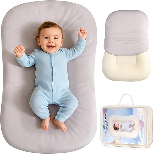 Baby Lounger, Portable Baby Lounger for Newborns to 24 Months, Soft & Breathable Infant Nest with Thickened Support, Newborn Baby Essentials Gift for Home and Travel,Gray
