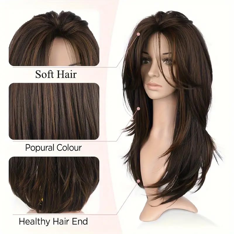 Image of Akashkrishna Hair Wig For Women Natural Looking Long Brown Mixed Blonde Wig With Bangs Heat Resistant Synthetic Hair Wig For Women with WigCap and Comb