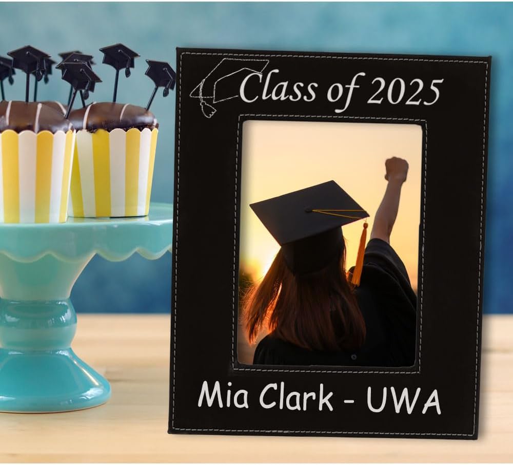 5x7 Picture Frame Personalized Graduation Gifts for Class of 2025 Black Leather Photo Display Wall Hanging or Tabletop with Custom Name