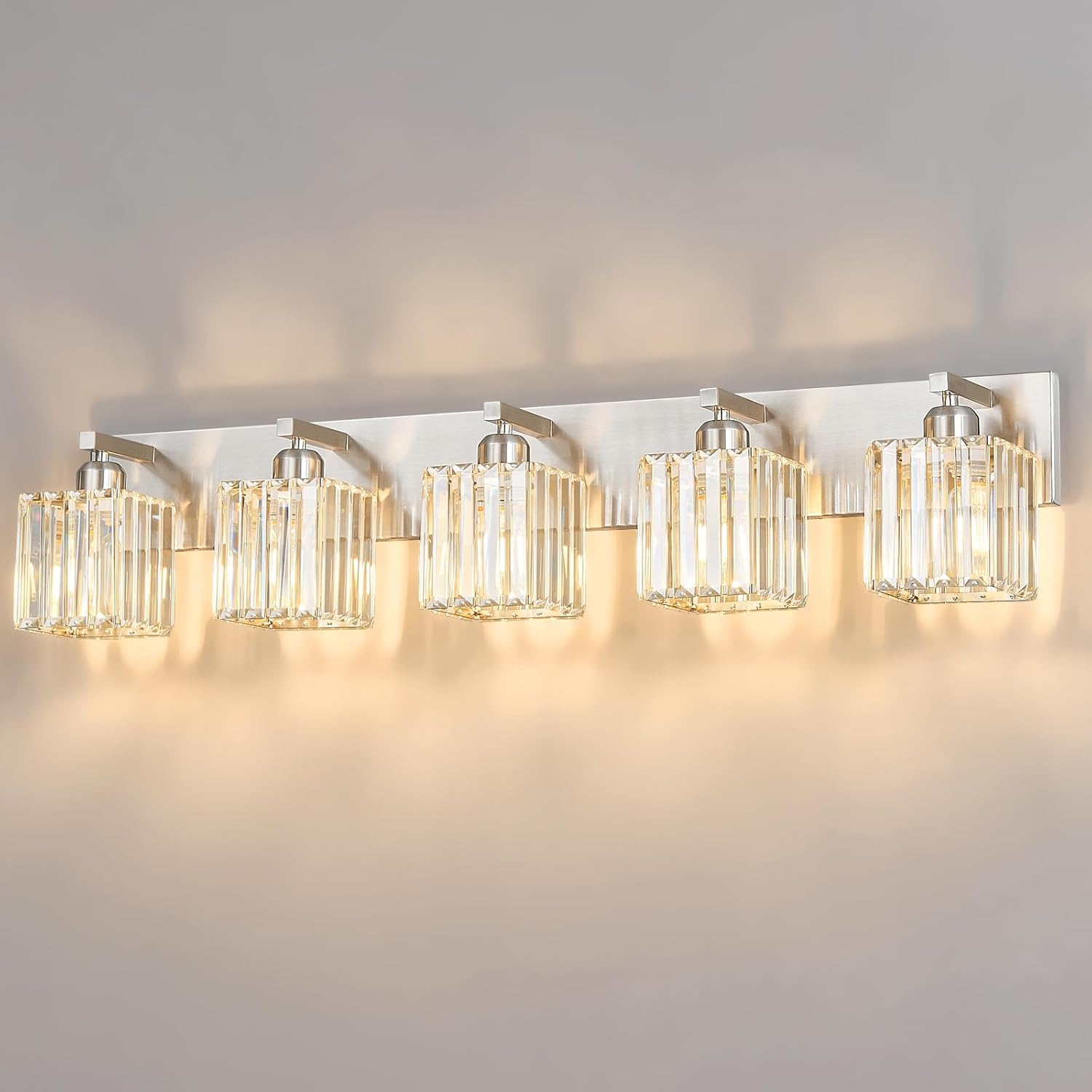 Modern Vanity Light 5-Lights Brushed Nickel Vanity Light Crystal Bathroom Wall Light Bathroom Light Fixtures Nickel Straight 5-Light