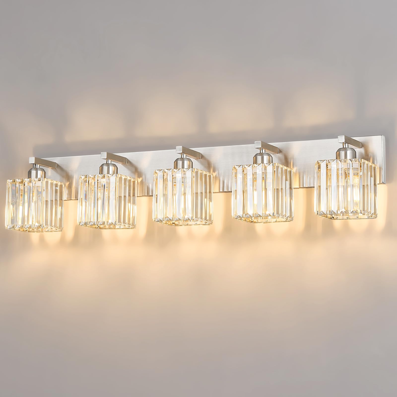 Photo 1 of FDPBY Modern Vanity Light 5-Lights Brushed Nickel Vanity Light Crystal Bathroom Wall Light Bathroom Light Fixtures