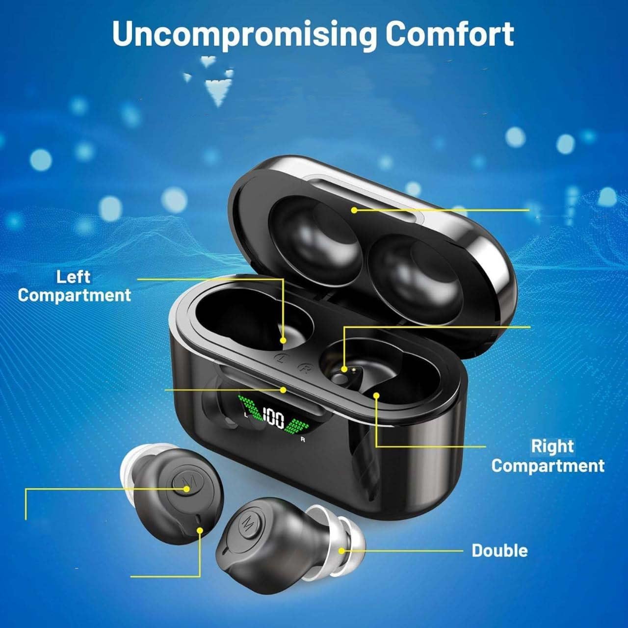 Close-up of MEDca hearing aids and charging case components