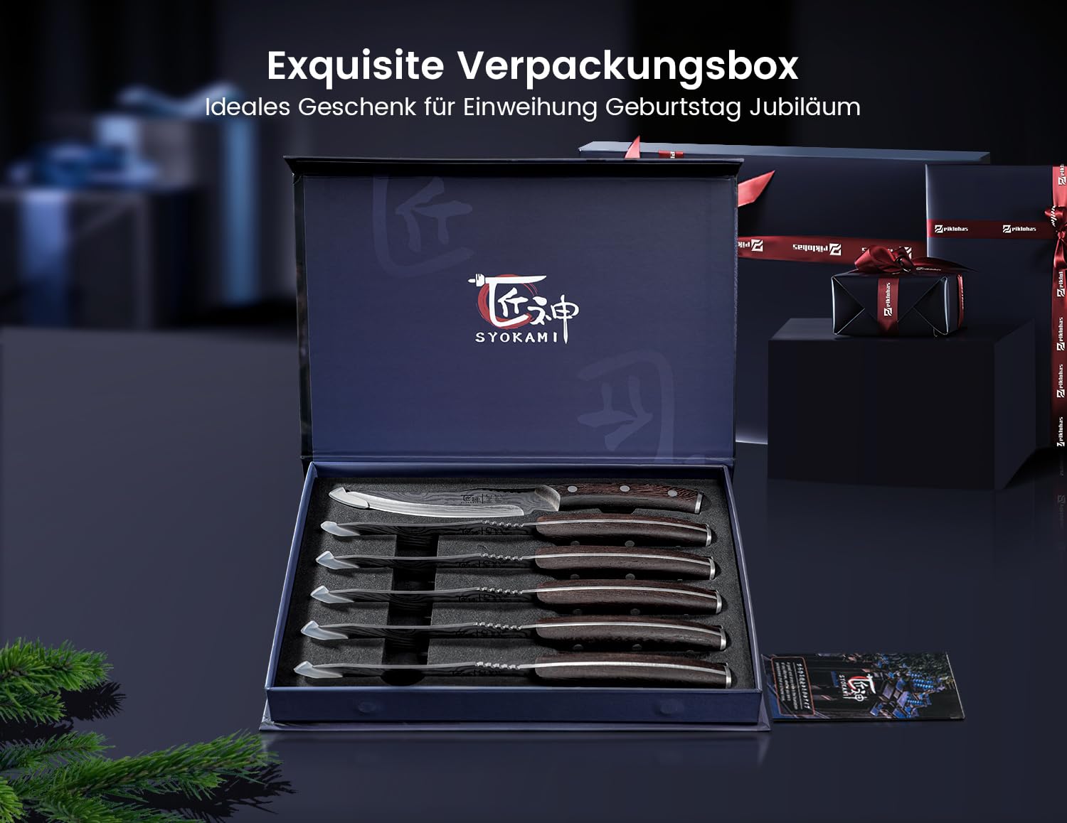 SYOKAMI Steakmesser Set 6 Teilig, 12,2cm Glattes Steakmesseraus japanischem Edelstahl mit hohem Kohlenstoffgehalt und Holzgriff, Damastmuster, Full-Tang-Design, Haarscharf