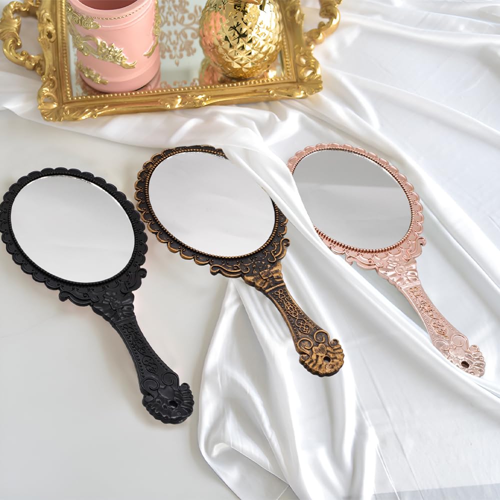 3 Pezzi Specchio a Mano, Specchio per Trucco Con Maniglia, Specchio Vintage Floreale in Rilievo, Mini Specchio Ovale su un Solo Lato per Ufficio Di Viaggio (Nero, Oro Rosa, Bronzo)