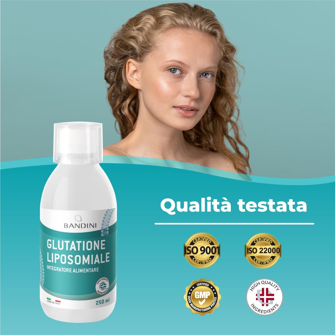Bandini® Glutatione Liposomiale 250ml | 250mg di L-Glutatione Setria Ridotto e Bioattivo da Fermentazione per Dose | Antiossidante, Anti Invecchiamento, Contrasta i Radicali Liberi | Senza OGM, Vegan