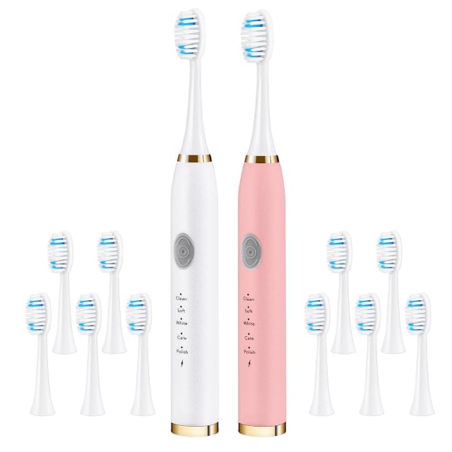 Dnil Dnil 2-Pack Rechargeable Sonic Toothbrush for Adults, Long-Lasting Battery Operated, 35,000 VPM Fast Brushing, Includes 10 Brush Heads and 5 Mode Options for Personalized Oral Care (White & Pink)