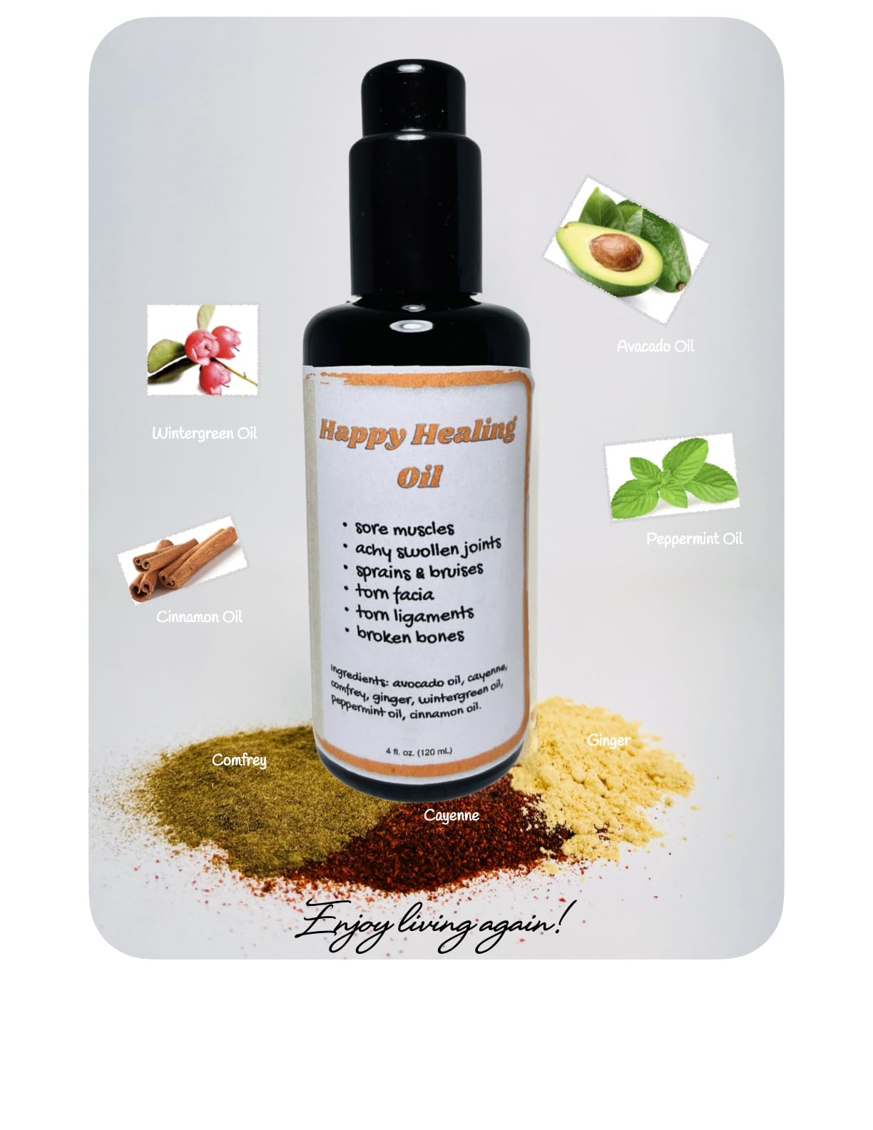 Happy Healing Oil - 4oz glass bottle- Alleviate muscle tightness -rub happy healing on and Make your muscles smile again.