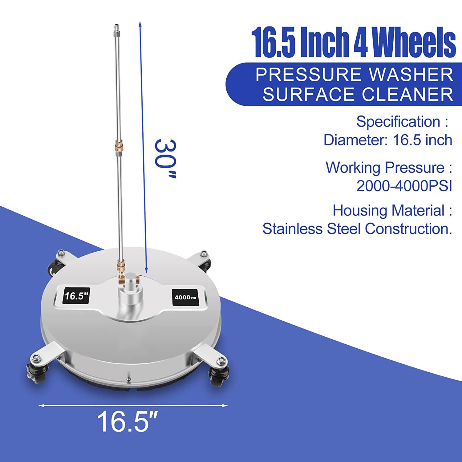 Limpiador de superficie para limpiador de alta presión de 16,5 pulgadas, limpiador de superficie de acero inoxidable para Karcher K1 -K7, con 4 ruedas, 2 varillas de extensión, 5000 PSI