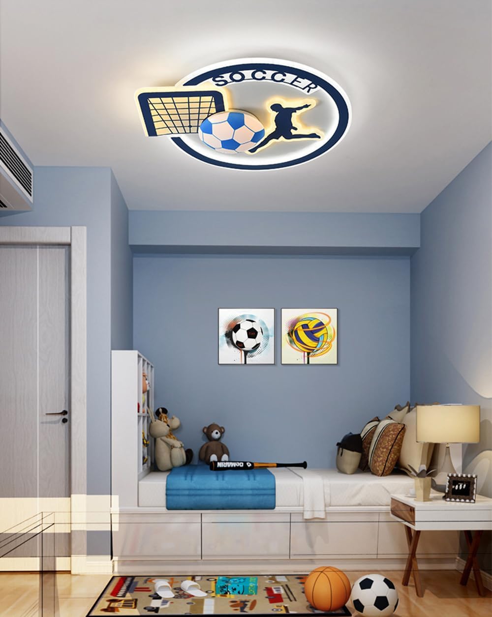 Modern Boys Room LED Ceiling Lamp for Bedroom, Dimmable Soccer Themed Remote Control Children's Room Ceiling Light, Blue, 19.6 inches (W) x 19.6 inches (D) x 1.57 inches (H) (19.6in)