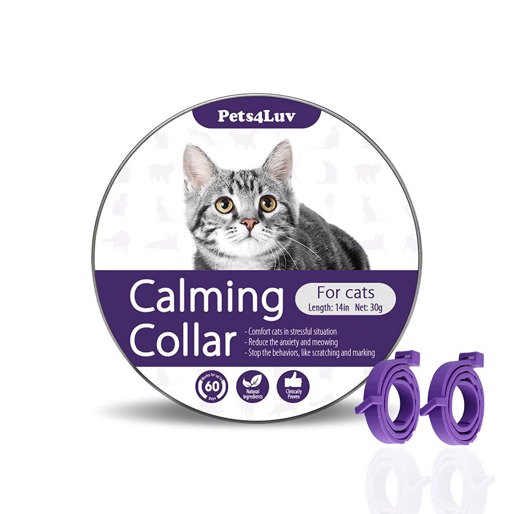 Pets4Luv Calming Collar for Cats - Pheromone Calm Collars, Anxiety Relief Fits Small Medium and Large Cat - New Version - Adjustable and Waterproof with 100% Natural 2 Pack