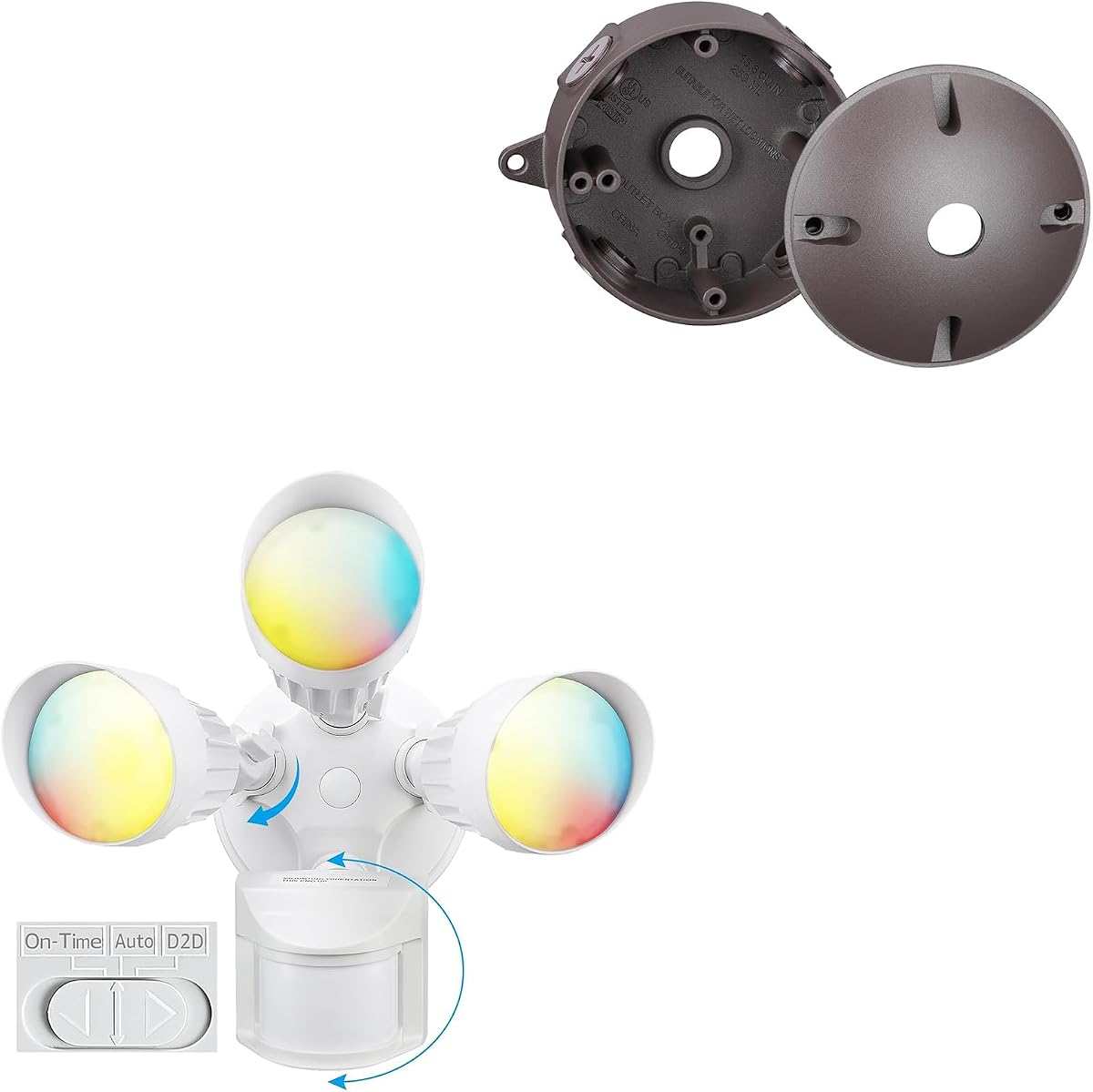 LEONLITE COB Paquete de luces de seguridad LED caja de salida redonda, 1 paquete de luces de inundación con sensor de movimiento para exteriores, aluminio, 3 cabezales, 3 CCT, blanco y 1 paquete de seis cajas eléctricas redondas para exteriores de 1/2 pulgadas, color marrón