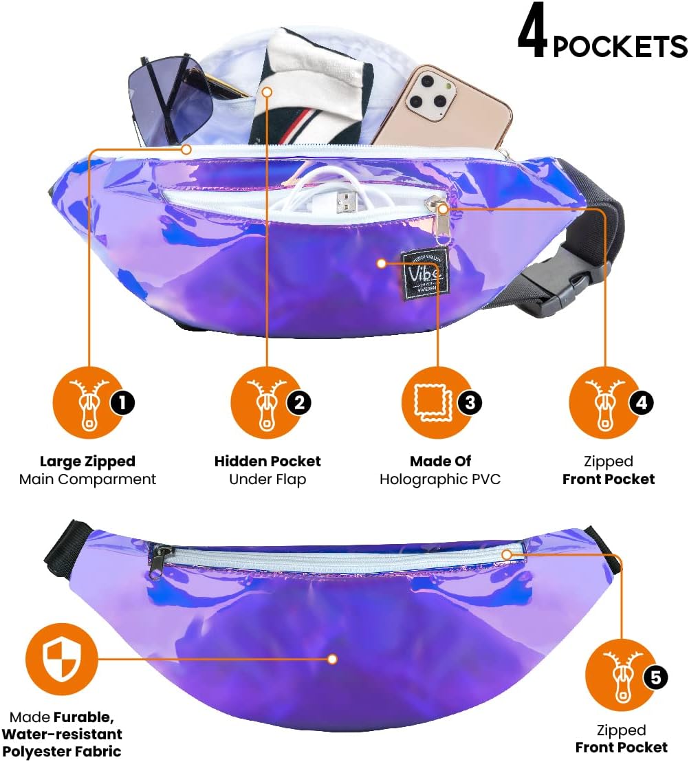 Vibe Festival Gear Rave Fanny Pack for Women Men – Festival, 4 Pockets, Adjustable Strap, Cute Waist Bag, Crossbody Belt Bag, Hiking, Running, Cycling
