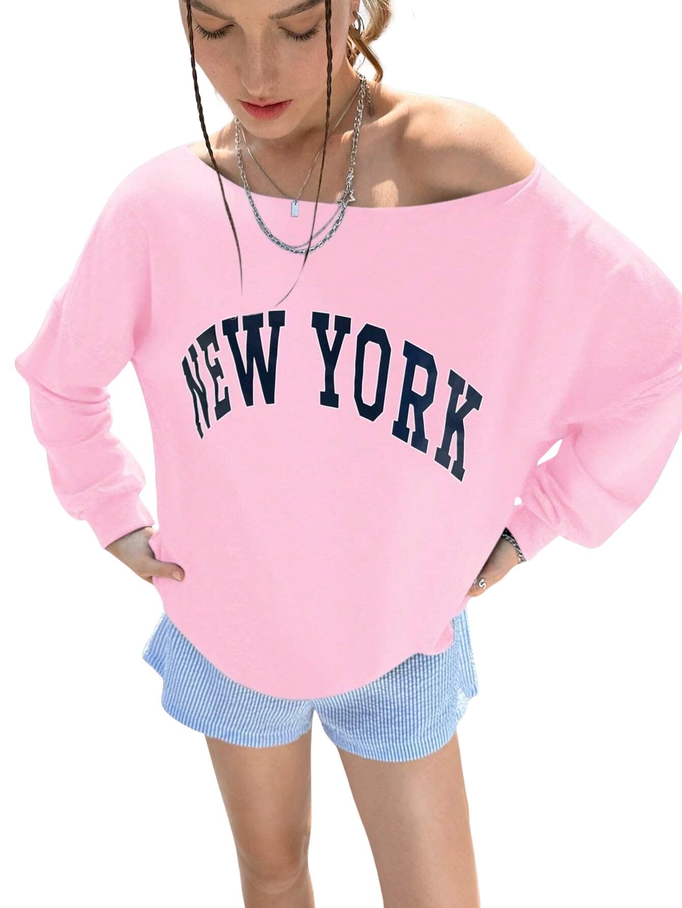 sxv style Newyork Off Shoulder Women's Casual Letter Print Sweatshirt,-picture-47