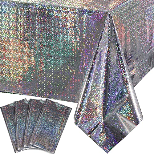 Image of FunnyPars 4 Pack Iridescent Plastic Tablecloths Shiny Disposable Laser Rectangle Table Covers Holographic Foil Tablecloth Iridescent Party Decoration Birthday Bridal Wedding Christmas 54 inchx108 inch(Silver)