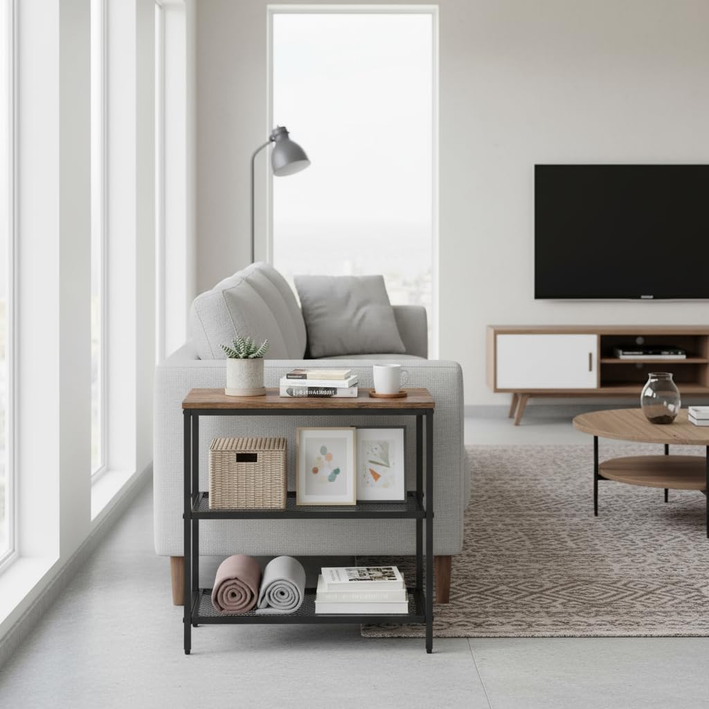 FurnitureR 3-Tier Storage Organizer, Small Console Table, Entrance Rack, Side Table with 2 Layers of Mesh, Metal Frame, Upright Shelf for The Home, Sofa End, Kitchen, Dining, Living, Hallway - 2