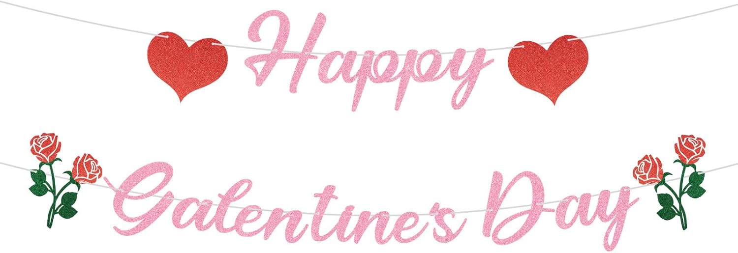 Hooqict Happy Galentine's Day Banner Red Pink Glitter Galentines Day Decorations Rose Heart Valentines Party Banner Garland Sign for Girls Women Ladies Friends Happy Galentines Day Decorations