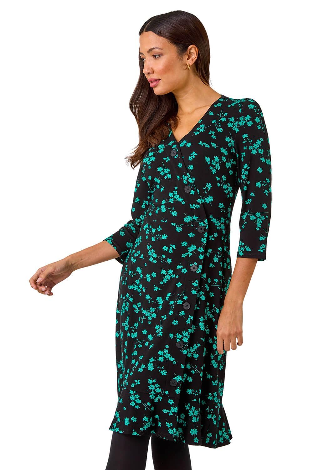 Roman Originals Tea Dress for Women UK Ladies Frill Hem Skater Wrap Jersey Stretchy Fit & Flare Flattering Knee Length Cocktail Party Occasion Holiday Going Out - Noir Green - Size 18