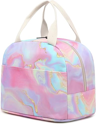 Lonchera de mármol para mujeres y niñas, con aislamiento, lonchera reutilizable para niños y adultos, escuela, trabajo, picnic, viajes (rosa)