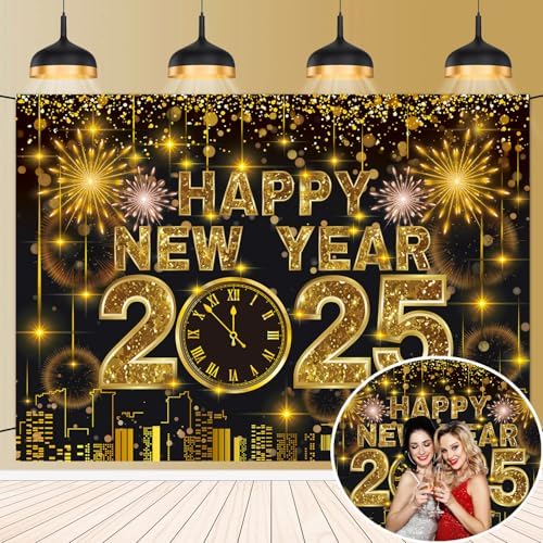 Happy New Year 2025 Backdrop 7x5ft Black Gold Fireworks Backdrop for ...