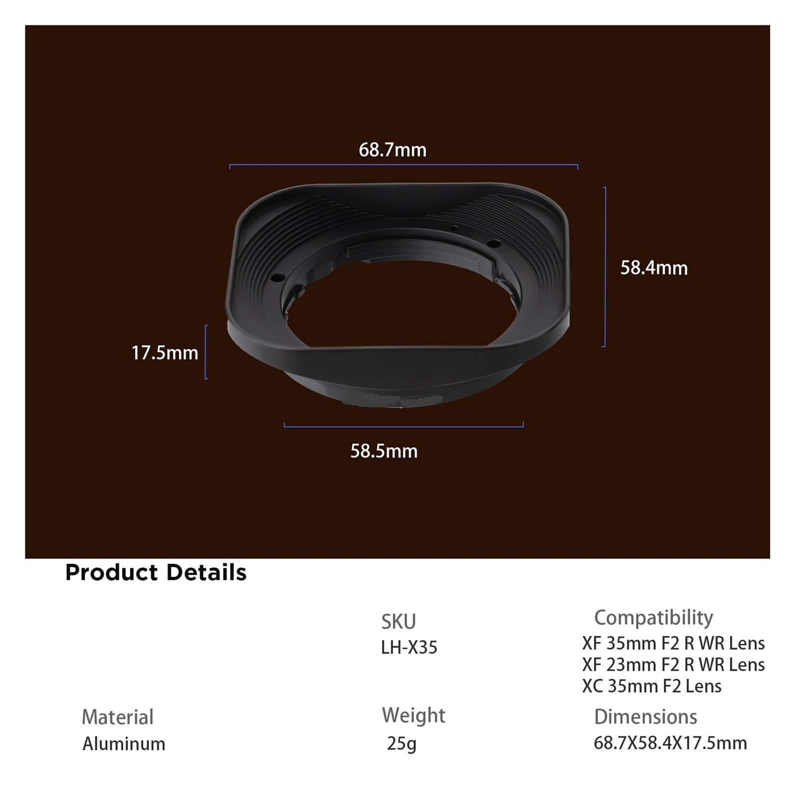 Abat-Jour carré en métal for Objectif LH-X35, for XF 35mm F2 R WR et 23mm Xc35mmf2(Black Lens Hood)