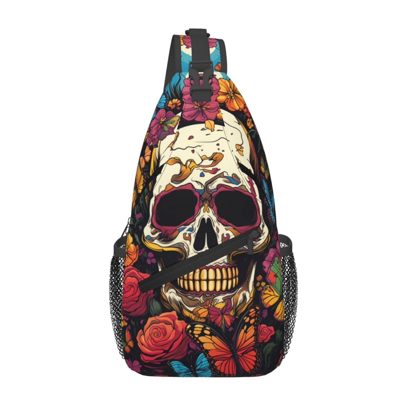 QWEHHEVG Colorful Butterflies And Skulls Outdoor Crossbody Shoulder Bag For Unisex Young Adult Hiking Bicycling