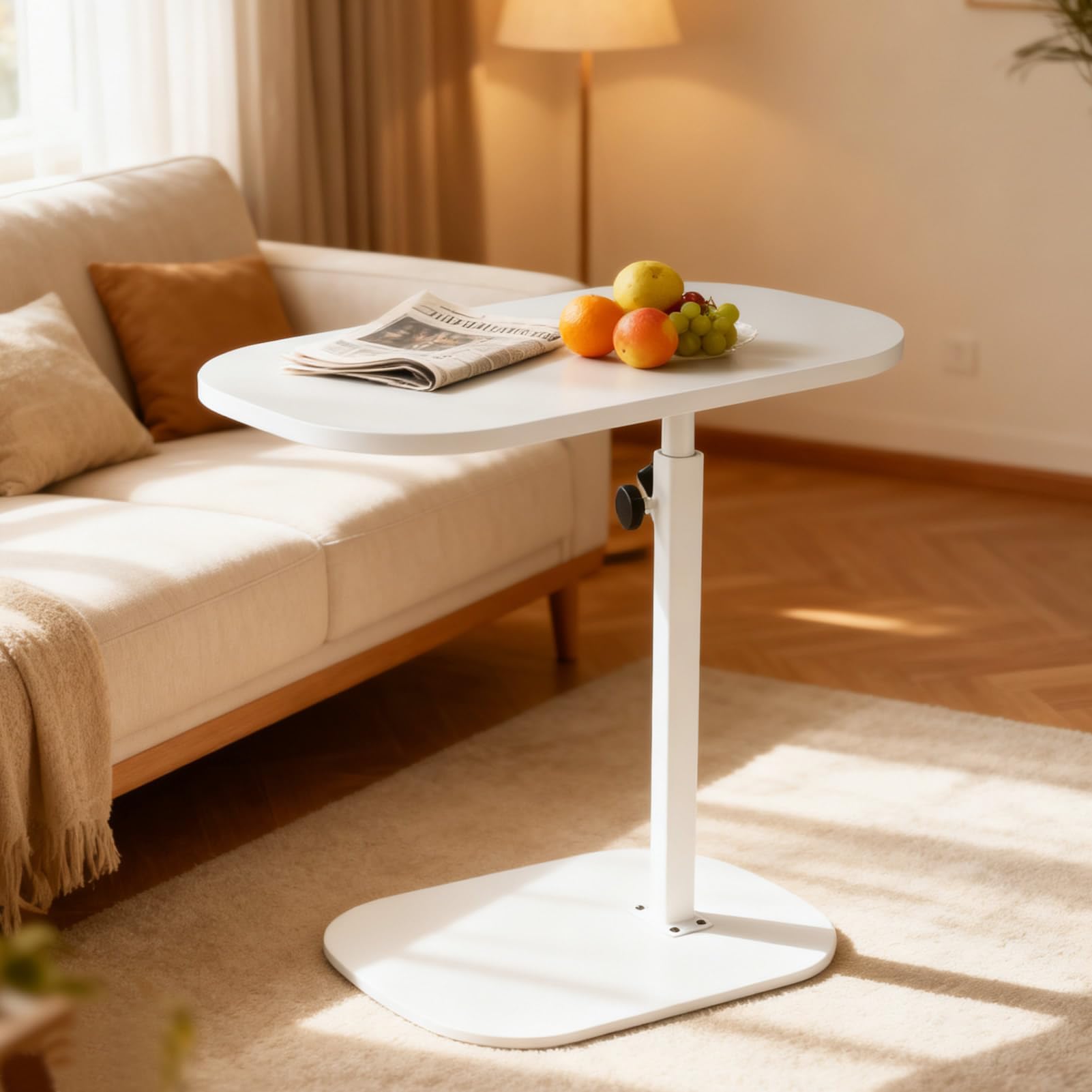 C Shaped Side Table, Adjustable Height, Living Room Sofa Table,Bedside Table with 360 Degree Rotating Desktop,Convenient Under Sofa Slide(White)