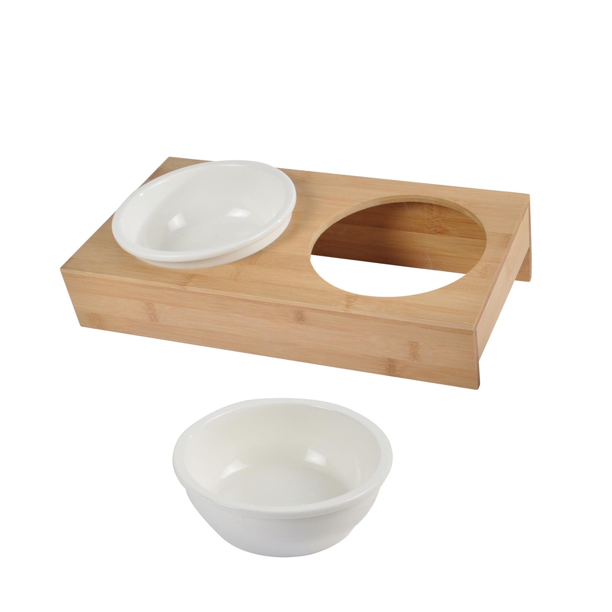 Podwójna miska ceramiczna z uchwytem naturalnego bambusa D16 cm, 37 x 19,5 cm, biała