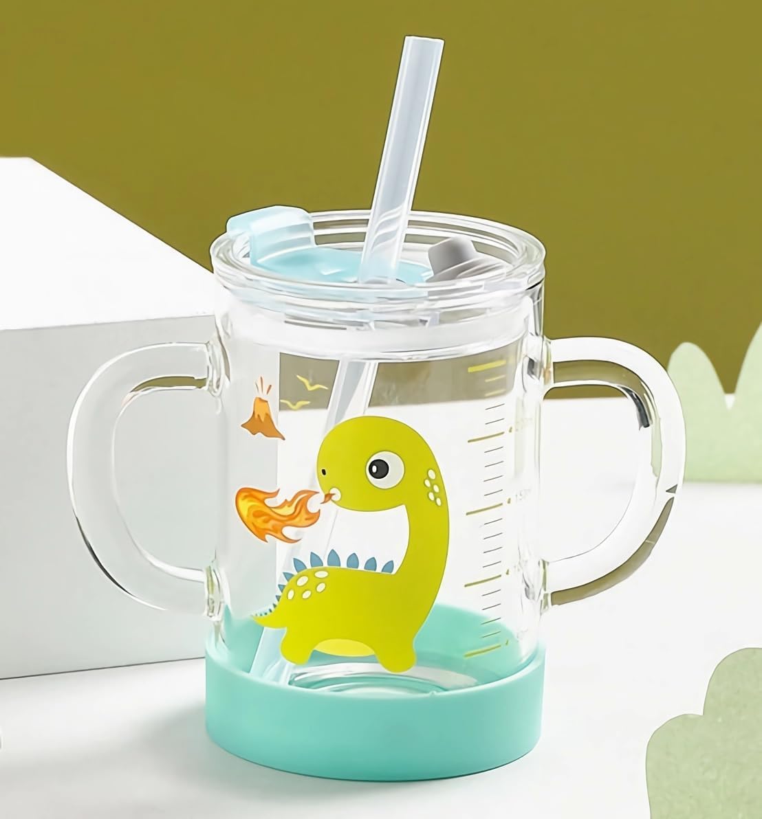 Kids Glass Tumbler with Handles Toddler Cute Milk Water Cup Bottle with Silicone Straw and Lid Scale Juice Milk Drinking Mug Heatable Leak Proof Glass Tumbler Children Friendly Travel Water Cup Gift