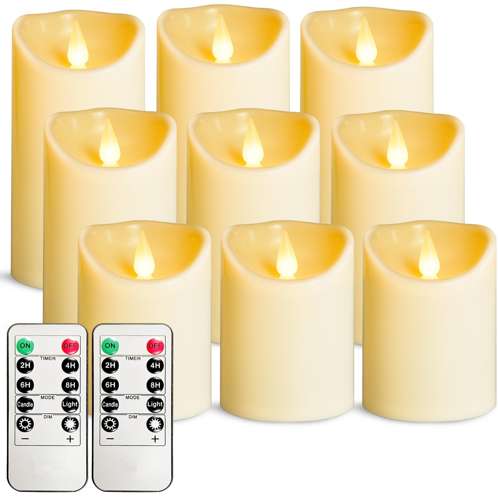 YIWER Flameless LED Candles - Outdoor Indoor Battery Operated Flickering Candles with Remote Timers,Won't Melt,Ivory Plastic Candle D3.15 x H4 5" 6" for Party Christmas Valentine's Day(9 Pack)