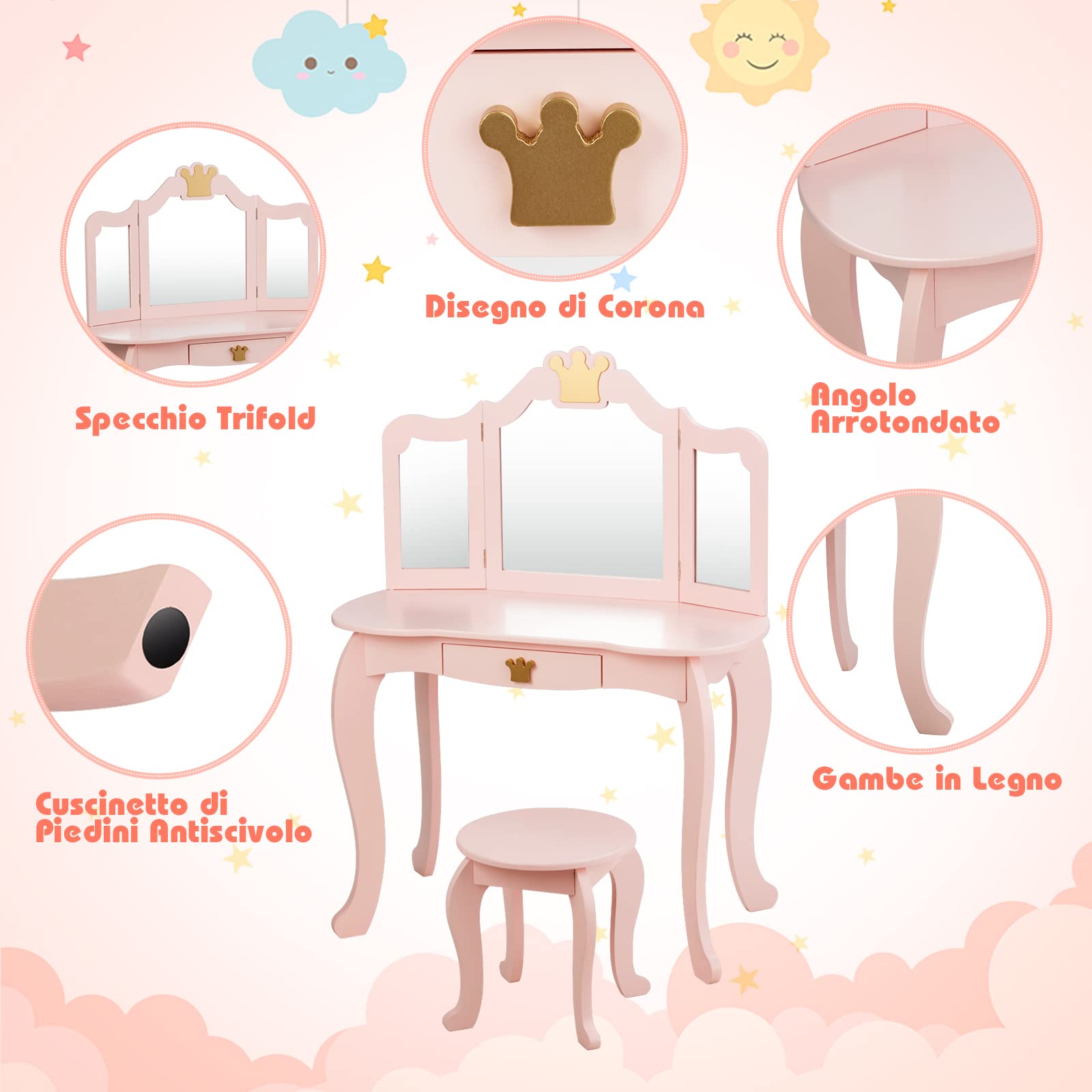 RELAX4LIFE Tavolo Toeletta Trucco per Bambini, Set Mobile 2 in 1 Scrivania con Cassetto e Sgabello, Specchio a 3 Lati Smontabile, Sicurezza Anti Ribaltamento, 79,7 x 42,2 x 106,2 cm (Rosa)