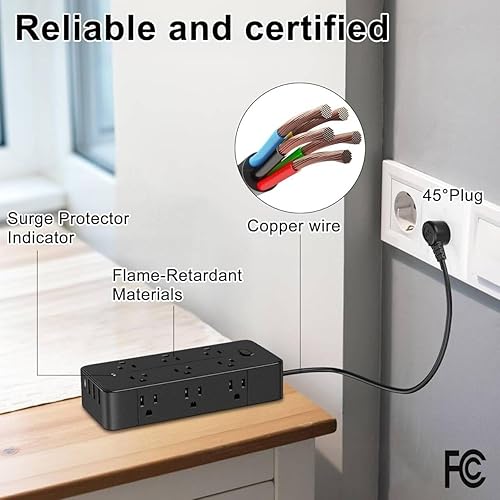 Miniatura 3 de Regletas de alimentación con protección contra sobretensiones, cable de extensión con múltiples tomas de corriente (9 CA + 4 USB), 1250 W/10 A,
