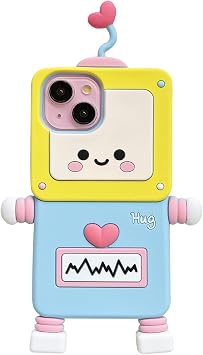 3D カートゥーンケース iPhone 15 Plus用 面白い かわいい ロボット クール かわいい ソフト シリコンケース 女性 ガールズ 耐衝撃プロテクター カバー iPhone 15 Plus対応
