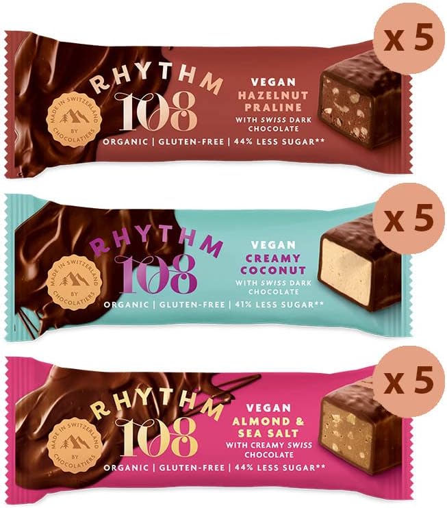 Rhythm 108 Organic Vegan Gluten & Dairy Free Swiss Chocolate Mixed Case of 15 x 33g