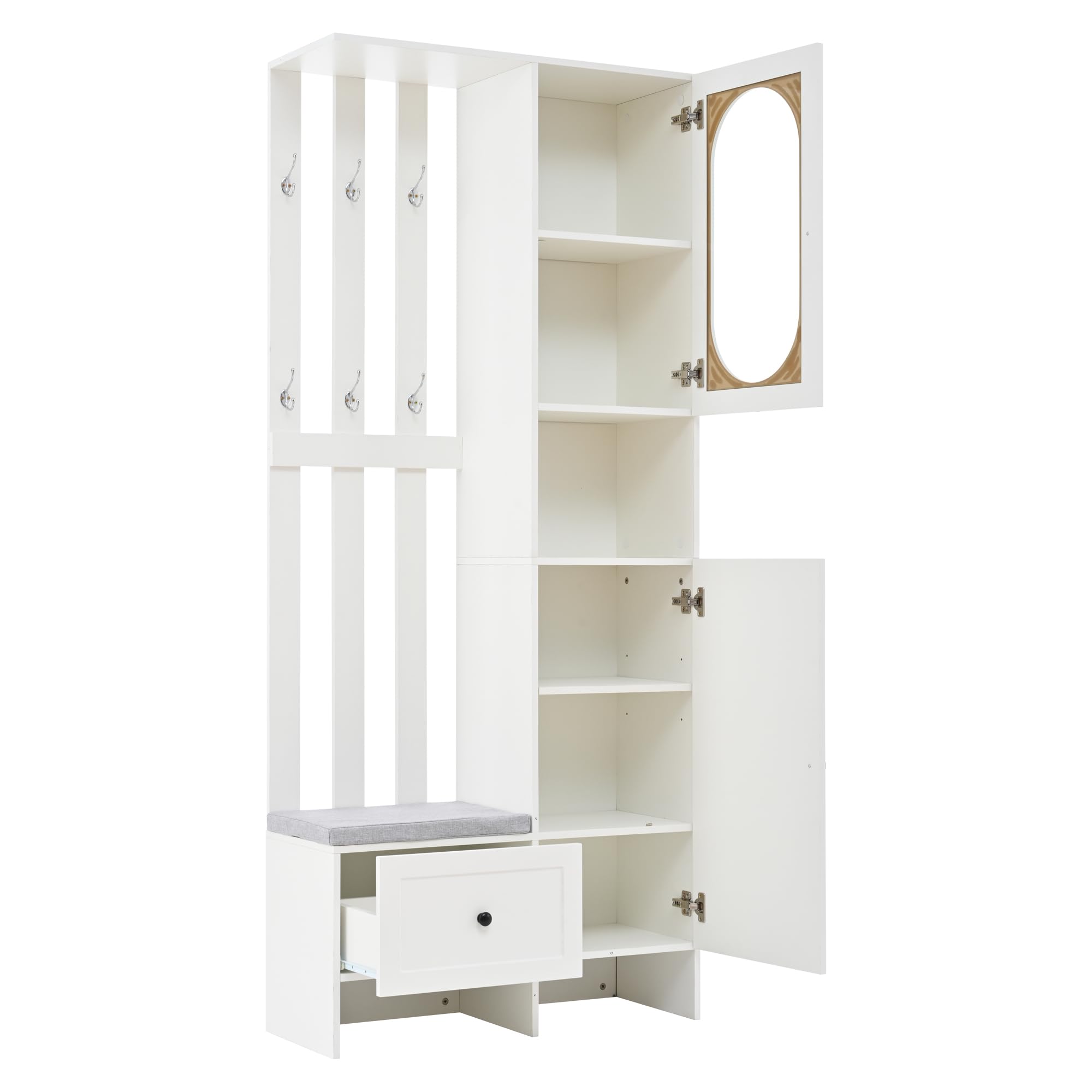 Merax Garderobenset Wandgarderobe, Kompaktgarderobe, Modern Flurgarderoben Set mit Schuhbank, Vitrine, Wandpaneelen, Kleiderhaken, Stylishe Garderobenständer für Flur Eingangsbereich, Flurmöbel, Weiß