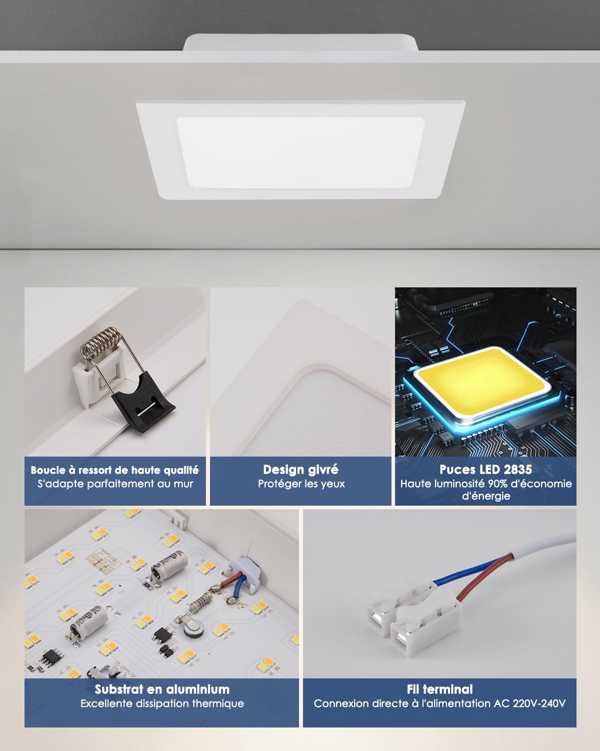 Lot de 2 Spot LED Encastrable Extra Plat 24W, Spot Salle de Bain, IP44, Carré, 3000K/4000K/6000K, spot LED Plafond pour Cuisine Salon, Trou 185-210mm