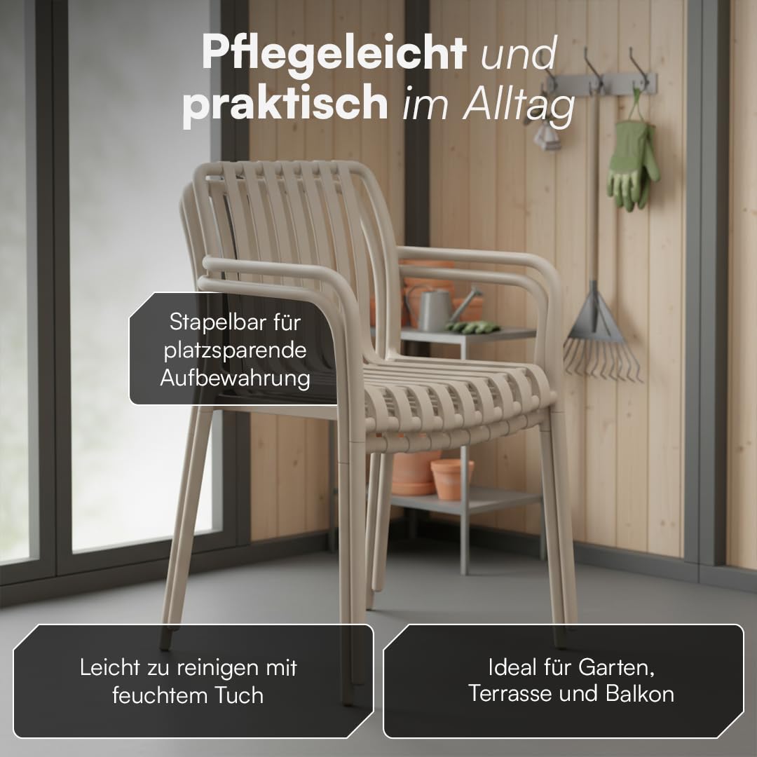 STEELSØN Pincoya Gartenstühle 4er Set – Outdoor Loungesessel Taupe – stapelbarer Balkonstuhl wetterfest & UV-beständig – Gartensessel aus Kunststoff bis 120 kg – Armlehnenstuhl Garten/Balkon/Terrasse