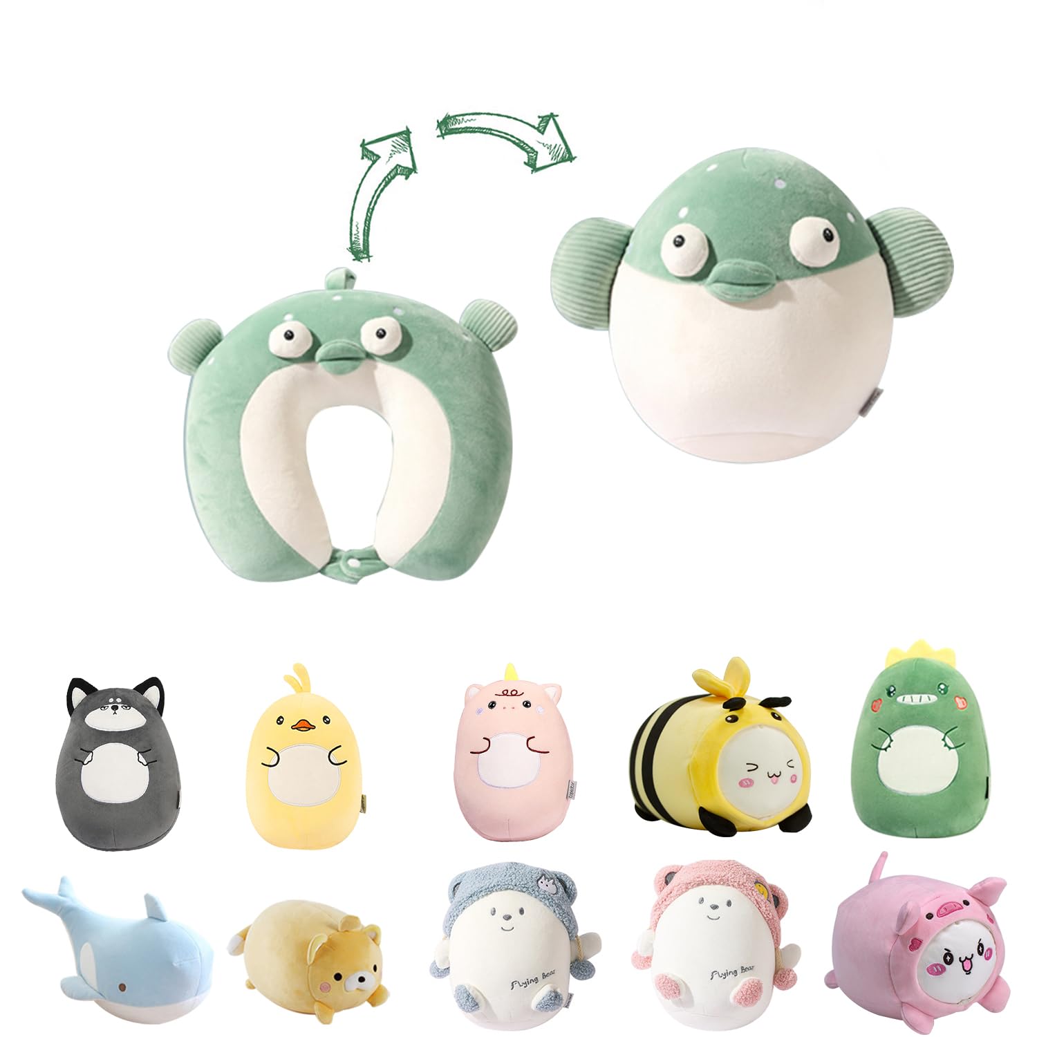 stocaggio 2-in-1 Travel Pillow for Kids - Soft and Adorable Animals Plush That Converts into a U-Shaped Neck Pillow for Ultimate Comfort During Airplane, Car, Train, or Bus Trip - Fish