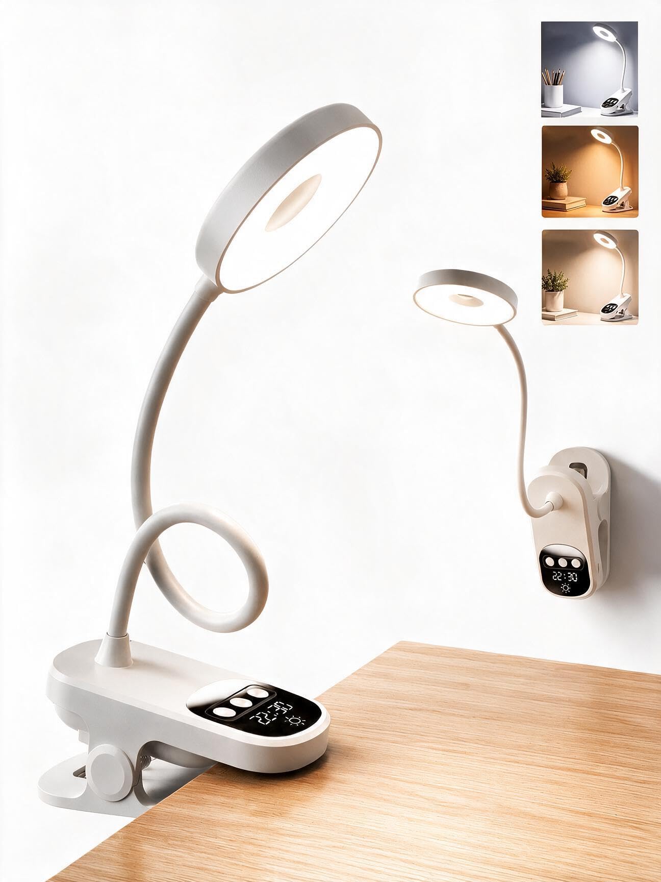 Lampada da scrivania a LED con morsetto, lampada da scrivania a clip per casa e ufficio, regolazione della luminosità a 3 livelli con orologio, batteria ricaricabile per lavoro/studio