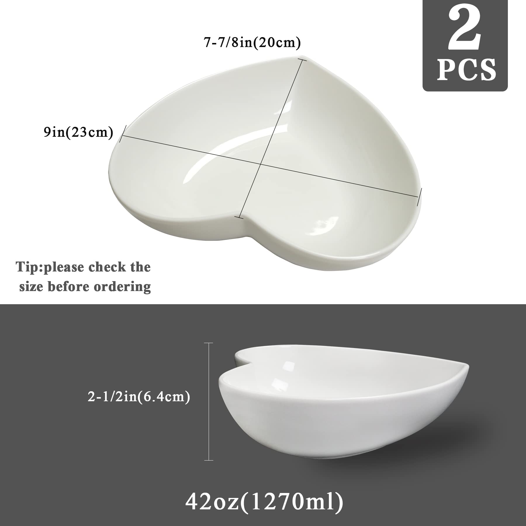 Lot de 2 assiettes à salade profondes en porcelaine en forme de cœur, extra large 22,9 cm, 1,2 l