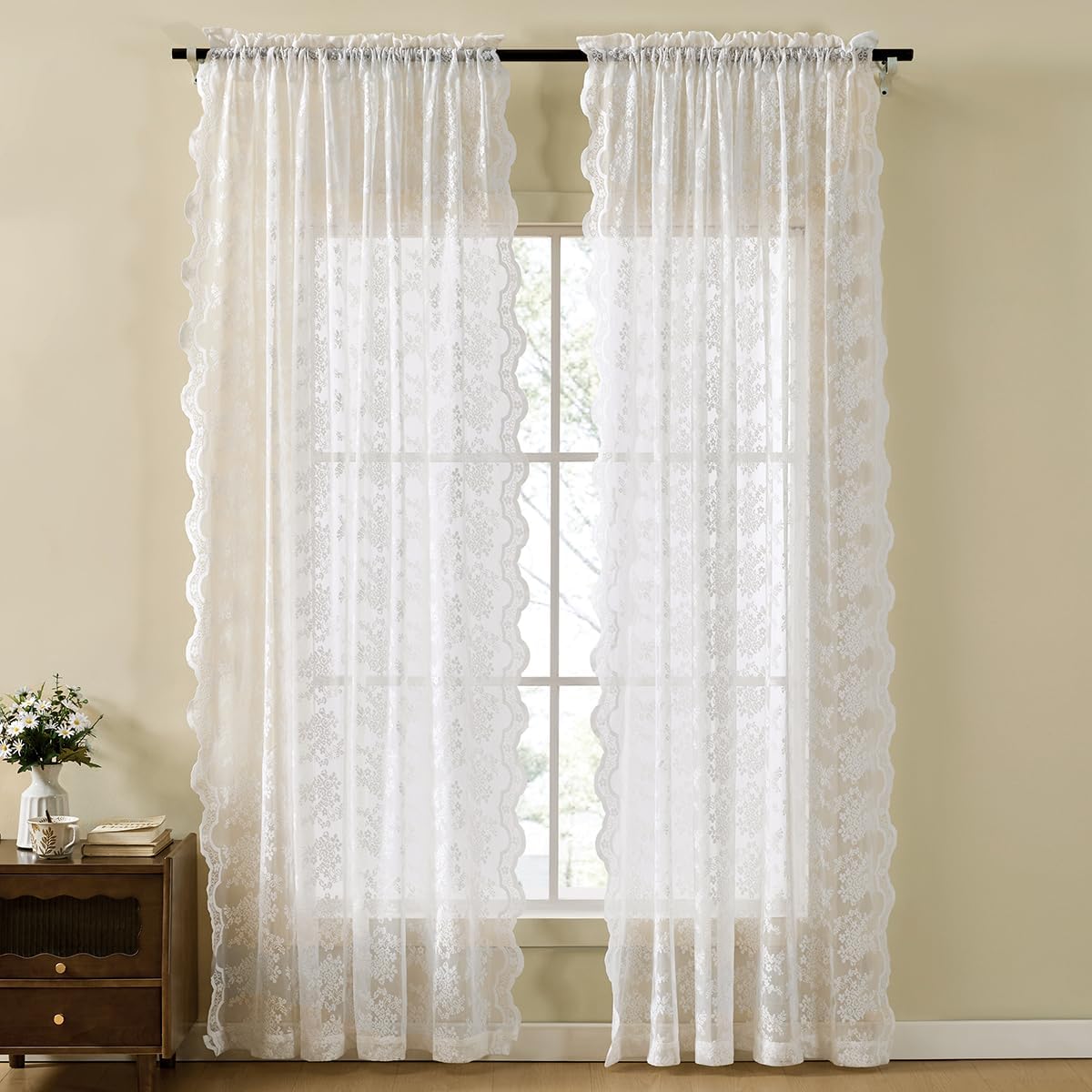 Wracra Rustic Lace Curtains, Romantic Ivory Sheer Curtains 63 Inches Long 2 Panels Set, Elegant Flowers and Branch Sheer Lacy Curtains for Bedroom/Living Room (2 Panels, W52 x L63)