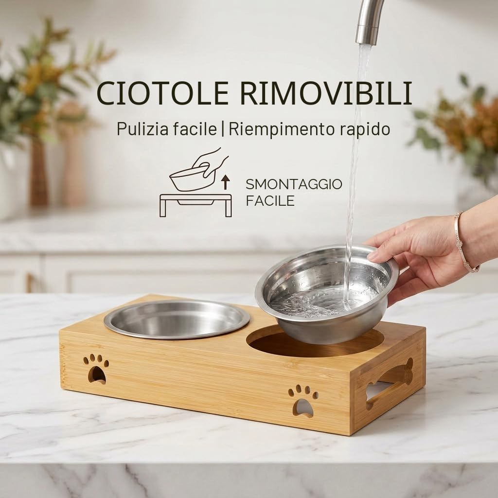 Edipets, Ciotole per Cani, Gatti, Abbeveratoio per Cani Gatti, Doppia e Tripla Rimovibile in Ceramica o Acciaio Inossidabile, Base Antiscivolo in Bambù (Acciaio Inox, Doppio)
