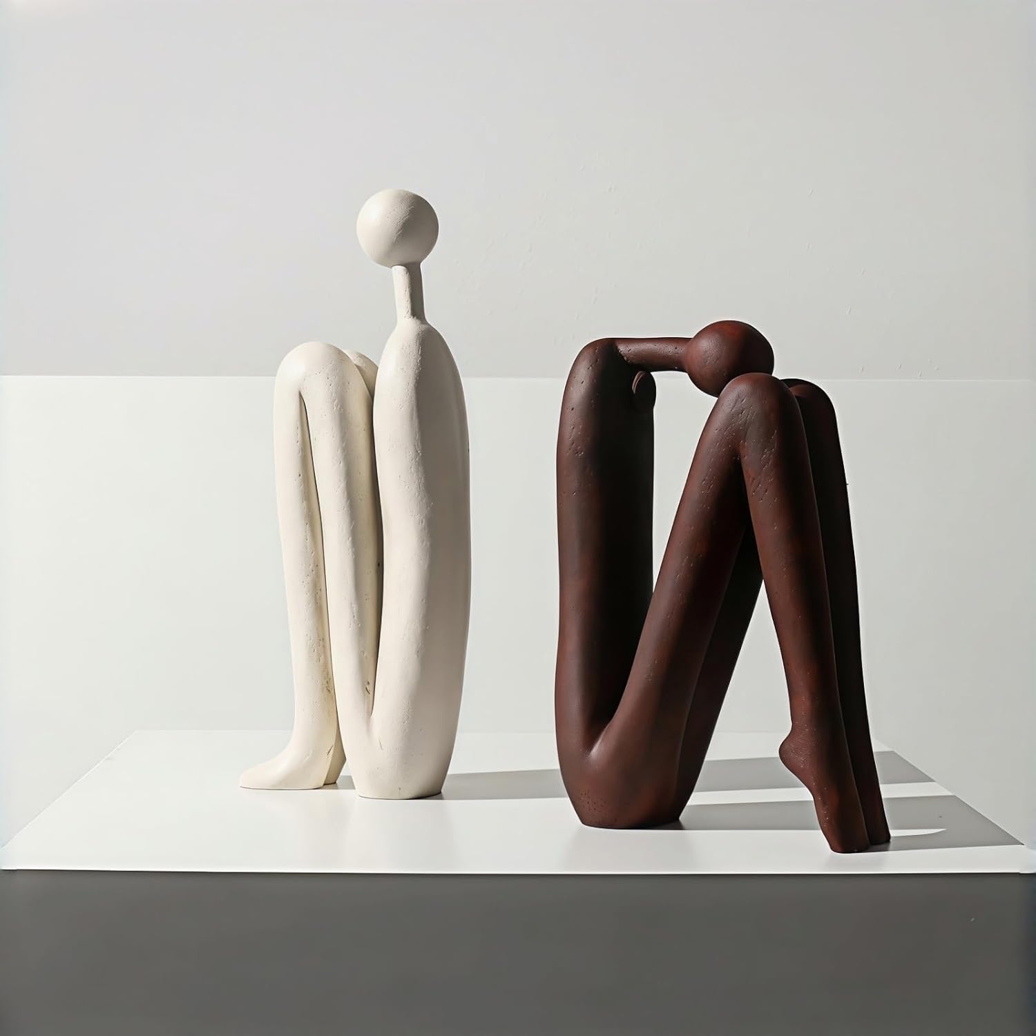 Resin Book Ends, Abstract Thinker Modern Minimalist Decorative Sculpture Bookends, Non-Slip Heavy Duty Bookends for Shelves for Home Office Shelves Desk, Set of 2 (Brown & White)