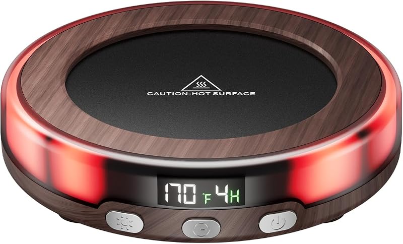 Calentador de tazas de café Gaiatop para escritorio, placa calefactora de bebidas - Madera | 3 ajustes de temperatura, temporizador de 2-9 horas, luz de 3 colores, pantalla digital, medias, para leche de té de vela