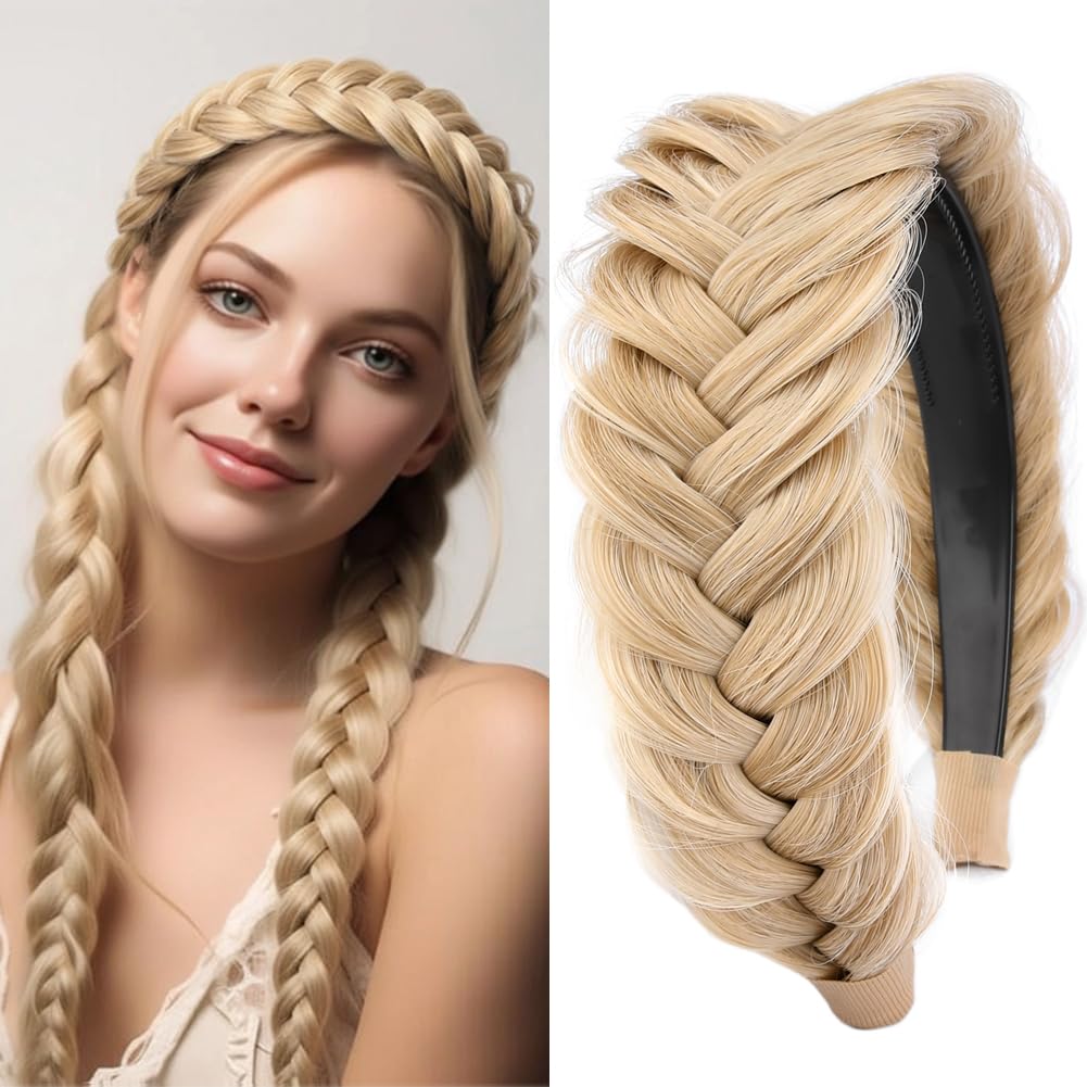 DIGUAN Wide Messy Braided Headband With Teeth Synthetic Hair Plaited Headband High Elasticity Braids Chunky Fishtail Braided Hair Band Hairpiece for