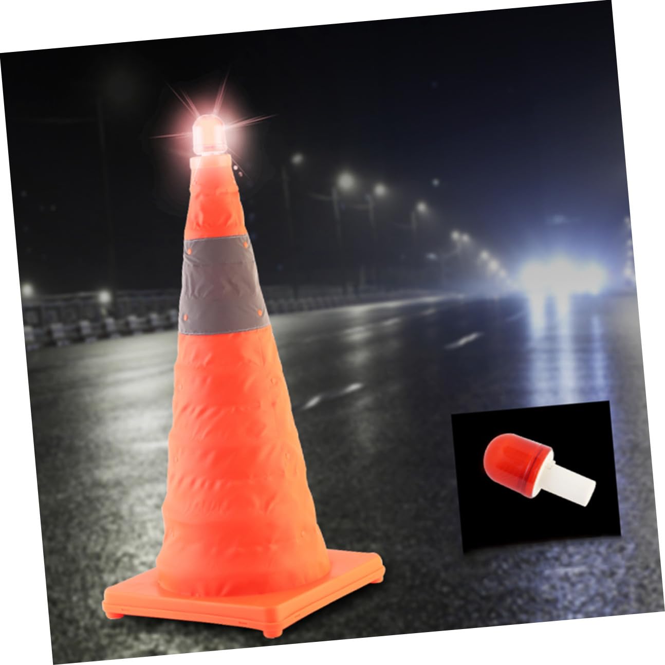 Sosoport Cône de Pliable avec LED Cône de Chantier Réfléchissant à Bandes Haute Visibilité Base Caoutchouc pour Sécurité Routière et Événements Sportifs Grand Modèle Orange