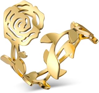 Bague Rose en Acier Inoxydable Bague Réglable de Promesse d'Amour Fleur de Rose pour les Femmes Charmante Dames