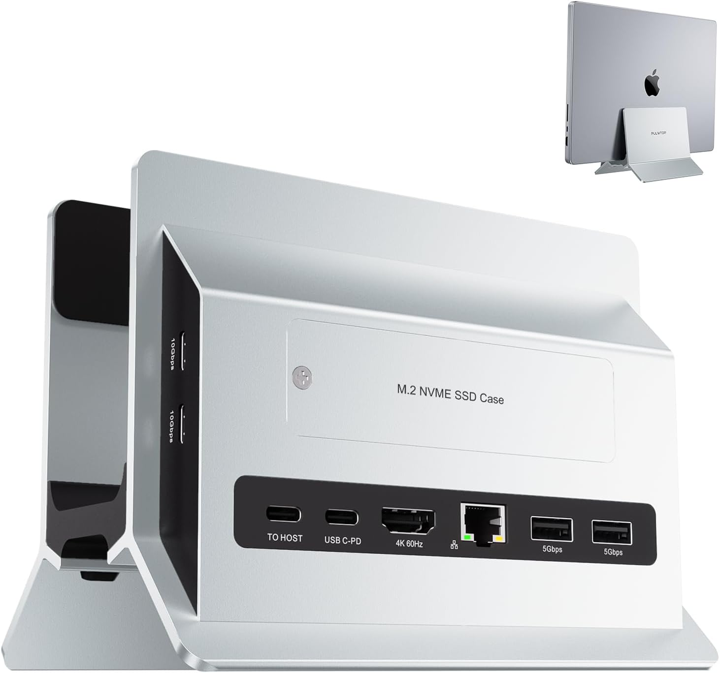 Vertical MacBook Docking Station, PULWTOP Docking Station for Mac mini with M.2 NVMe case for MacBook Pro/Air, 4K@60Hz HDMI, 2USB C 10Gbps, SD/TF, 100W PD, RJ45, 2 USB A for Windows Sliver